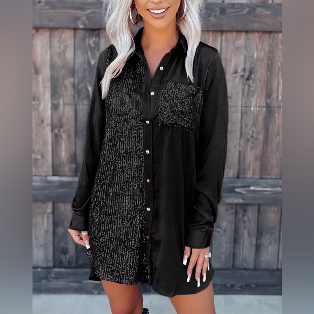 Sequins Black Button Down Dress